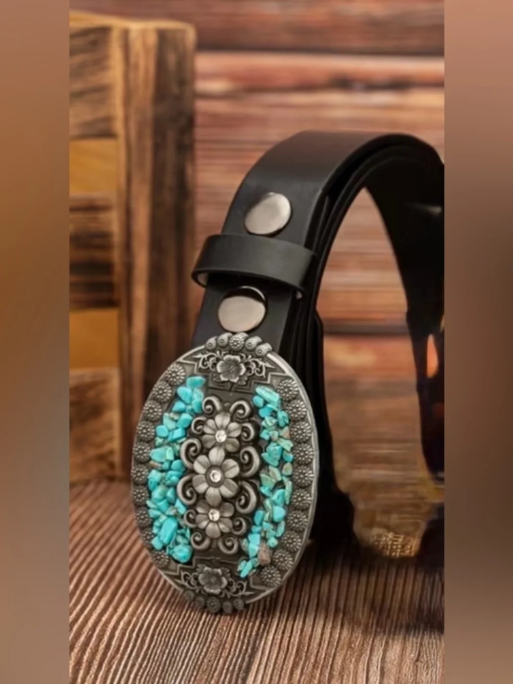 Western Belt Turquoise Stone Floral Western Buckle Belt - Black